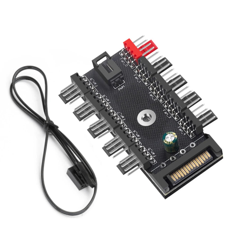 4-Pin PWM Fan Hub Splitter 1-to-10 Way SATA Powered Cooling Adapter for PC