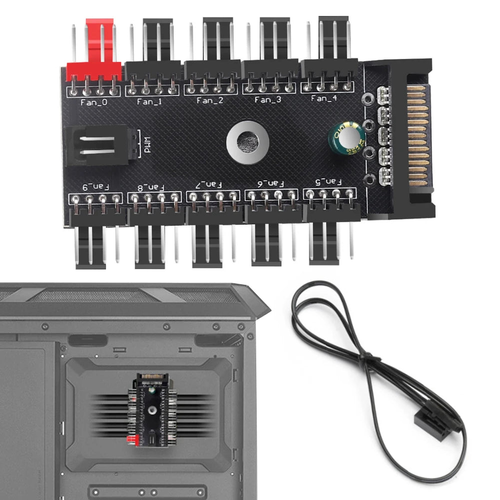 4-Pin PWM Fan Hub Splitter 1-to-10 Way SATA Powered Cooling Adapter for PC